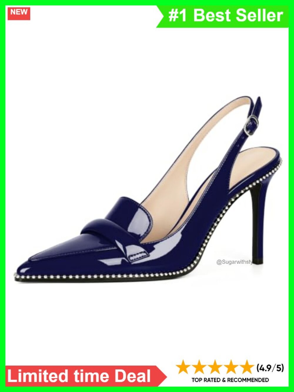 Slingback Heels Stiletto Beaded Pointed Toe Patent Leather Pumps